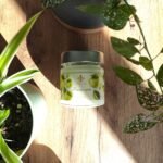 Bougie artisanale Pomme verte Les Lueurs d’Horion posée sur un sol en bois, entourée de plantes vertes, éclairée par la lumière naturelle.