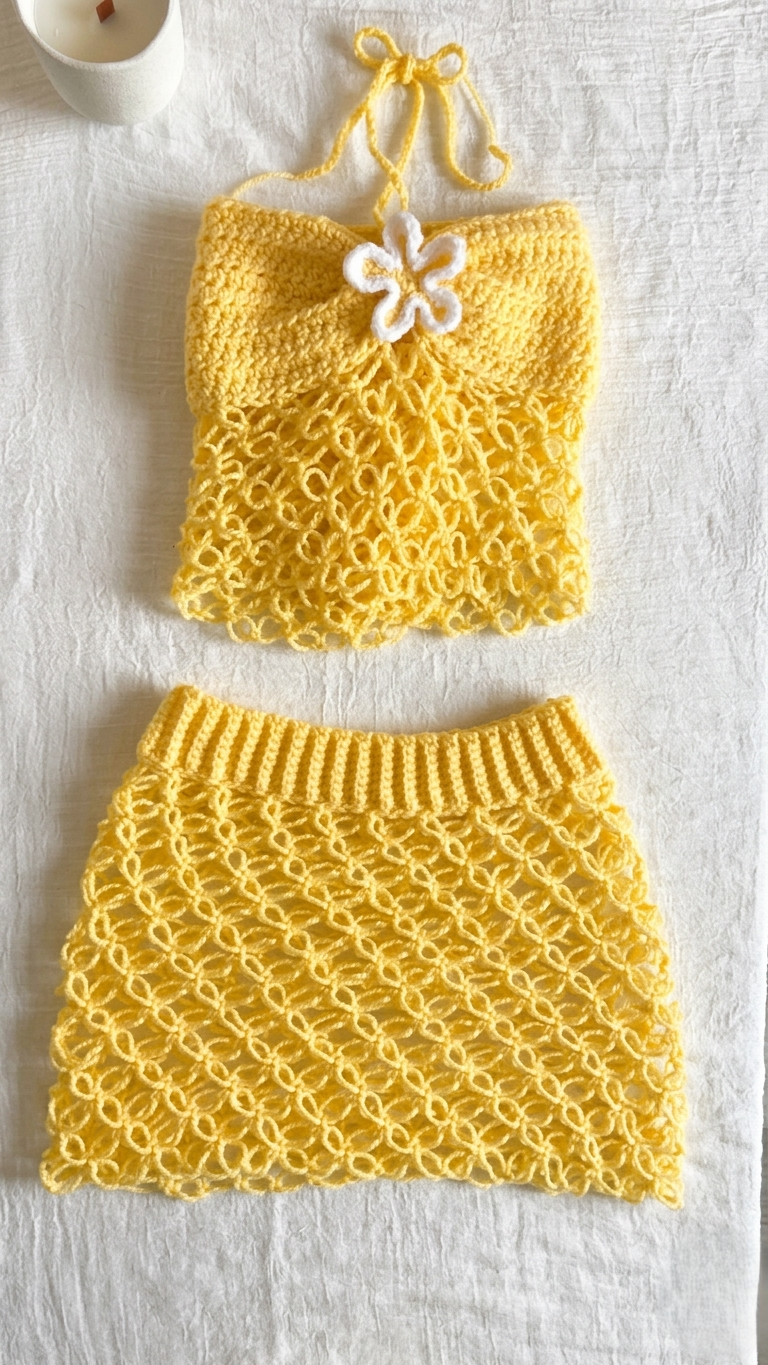 Gemini_Generated_Image_u7flbqu7flbqu7fl Ensemble coloré avec top fleur et jupe / jaune, rose, bleu, vert – Image 1